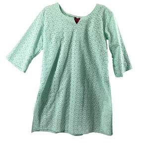 Taruni‎ Tunic Top Womens XL Mint Green White Embroidered Slit Side India Kurta